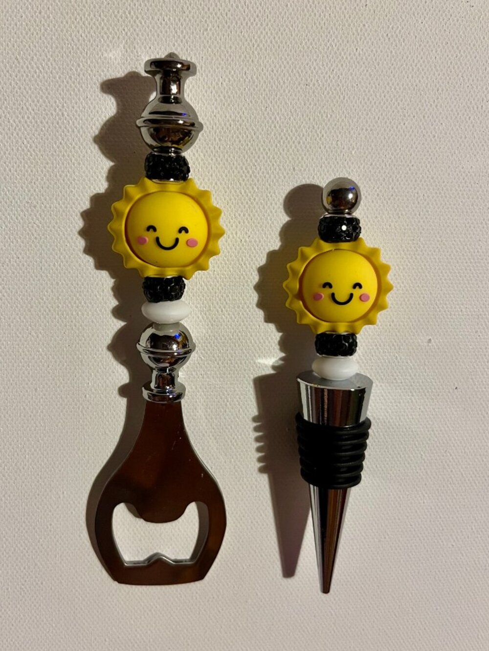 Black & White Smiley Sunshine Bottle Opener & Wine Stopper Set